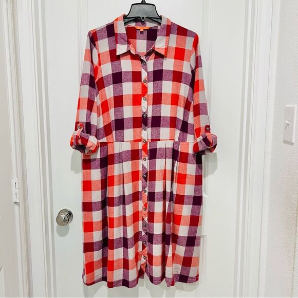 Modcloth Women's Flannel Jam Midi Dress with Pockets Size 24 Purple/Orange Plaid - Picture 11 of 12